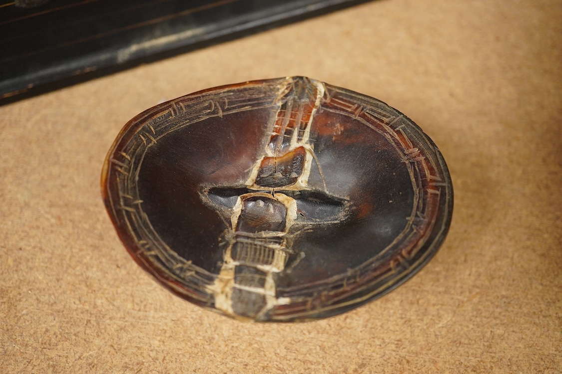 A Japanese lacquer box and a horn carving, box 30cm wide